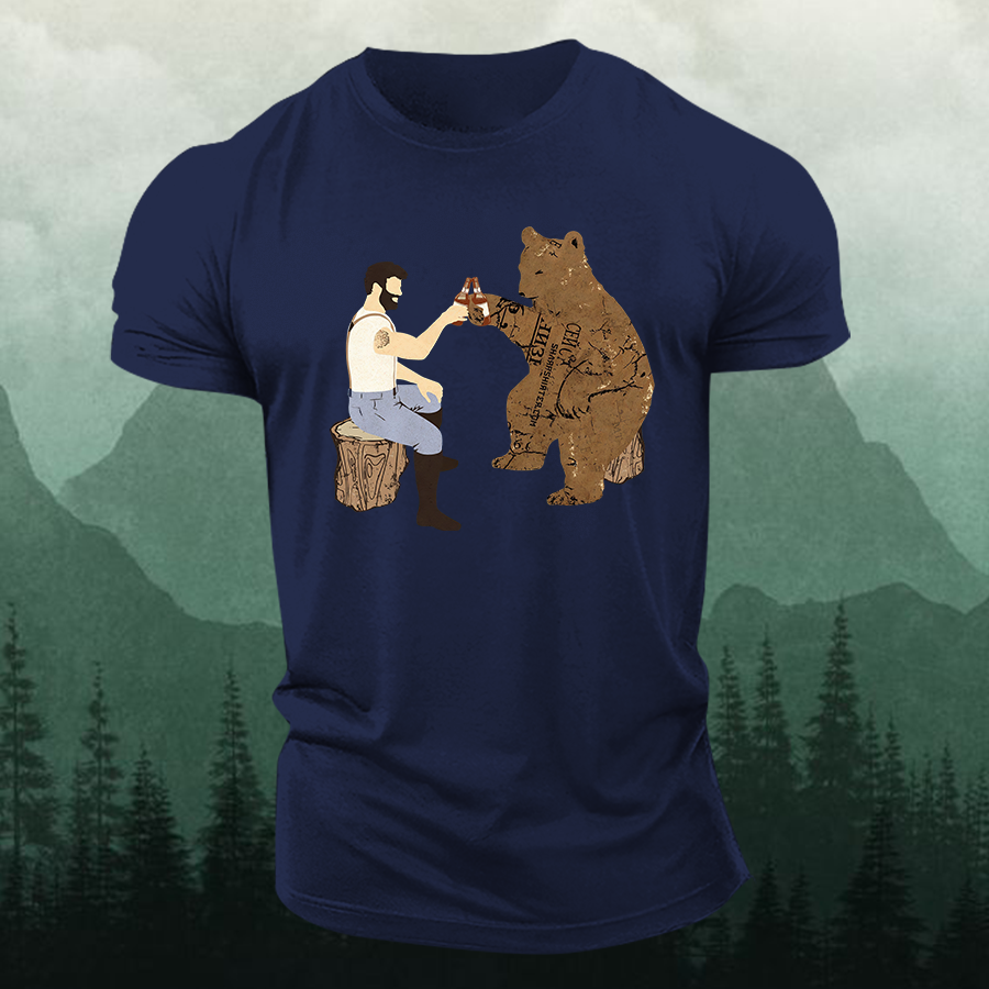 Cheers Funny Bear Printed Men's T-shirt-Forestso