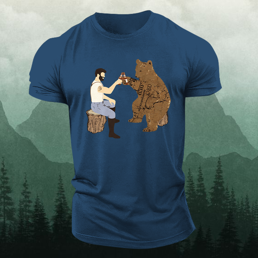 Cheers Funny Bear Printed Men's T-shirt-Forestso