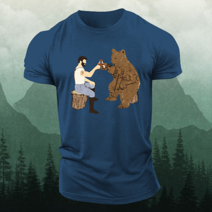 Cheers Funny Bear Printed Men's T-shirt-Forestso