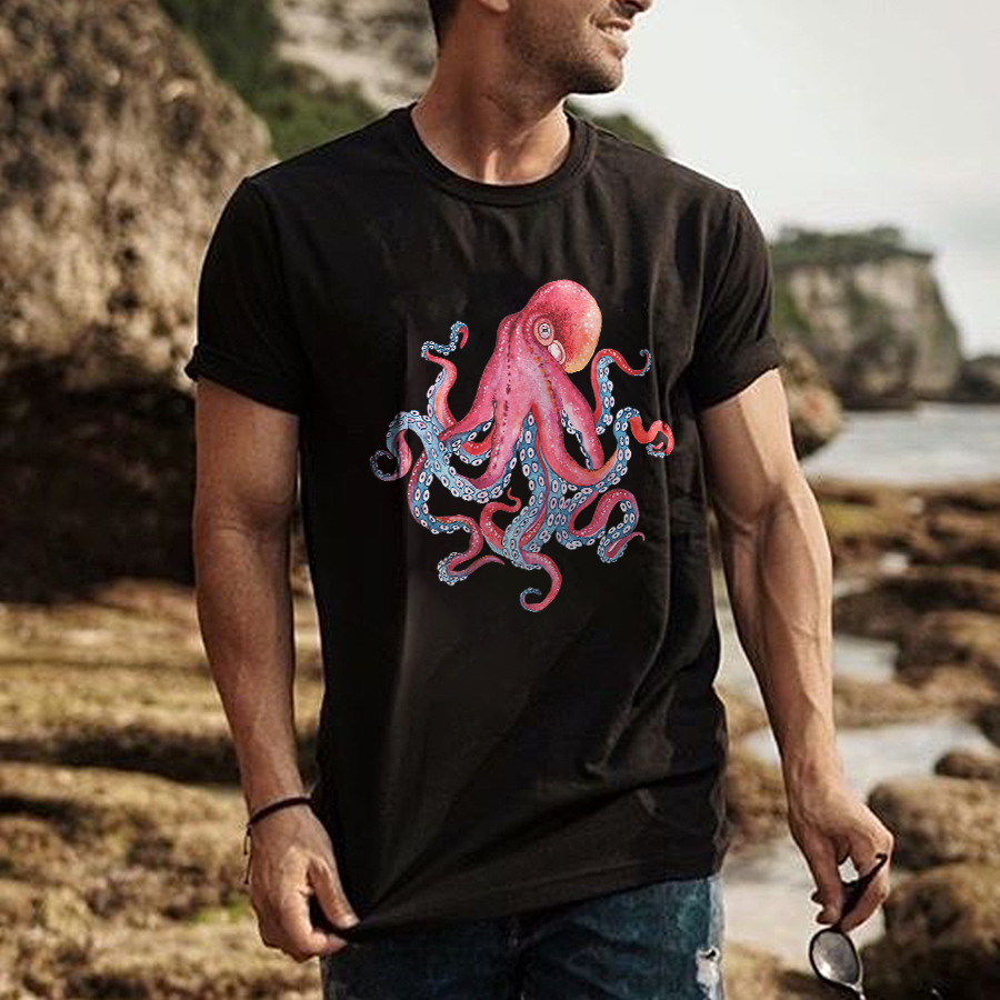 Red Octopus Printed Men's T-shirt-Forestso