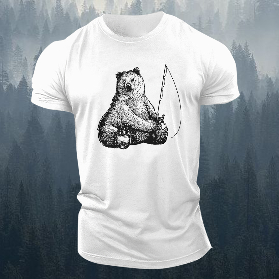 Bear Fishing Printed Men's T-shirt-Forestso