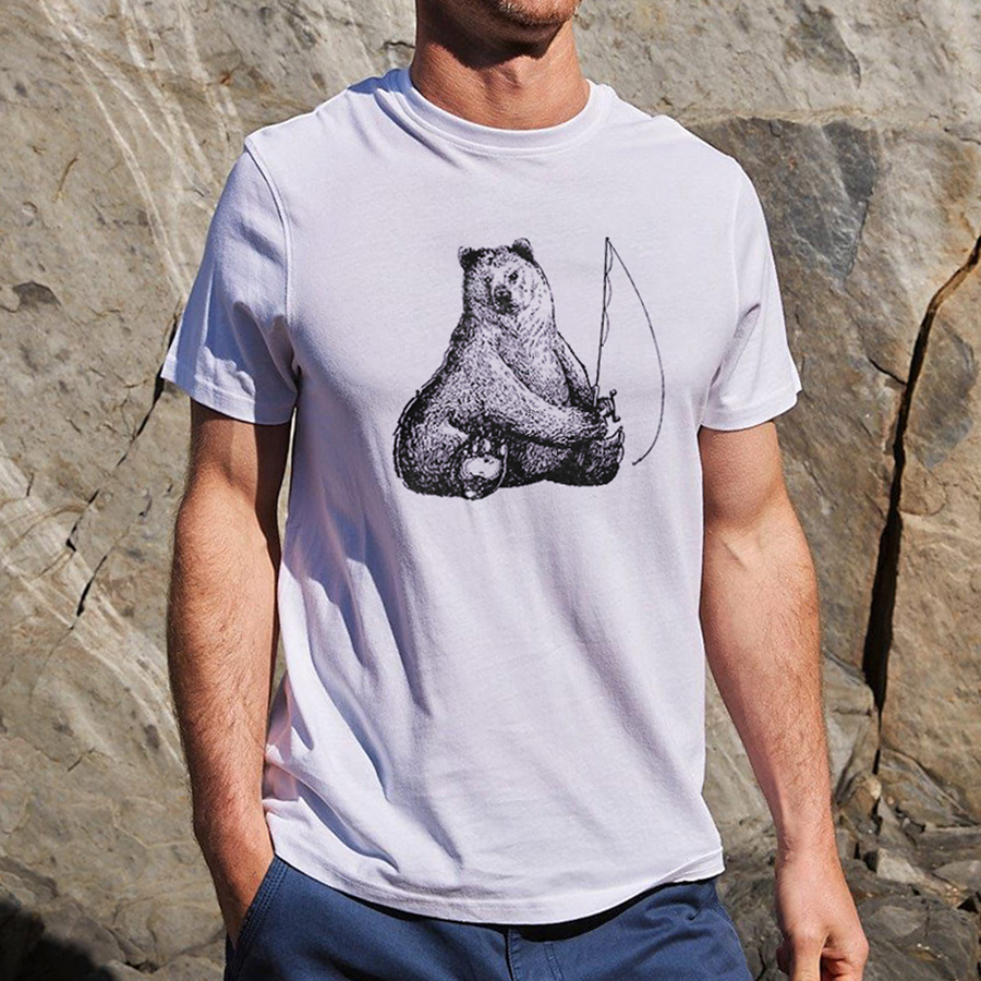 Bear Fishing Printed Men's T-shirt-Forestso