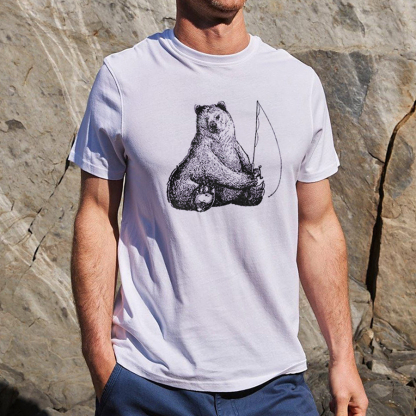 Bear Fishing Printed Men's T-shirt-Forestso