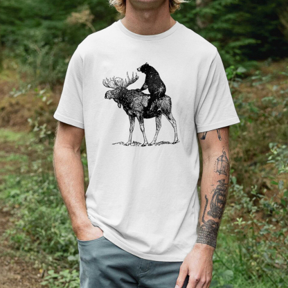 Bear Riding Deer Printed Men's T-shirt-Forestso