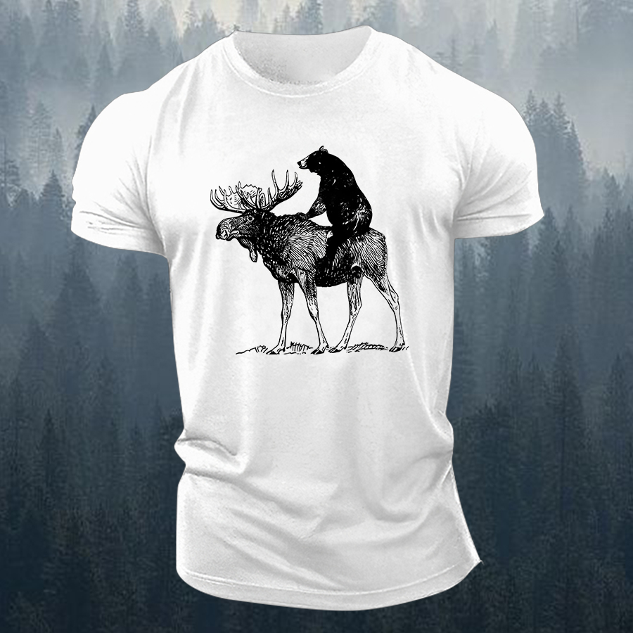 Bear Riding Deer Printed Men's T-shirt-Forestso