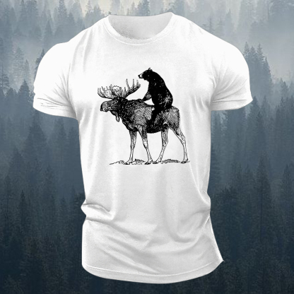 Bear Riding Deer Printed Men's T-shirt-Forestso