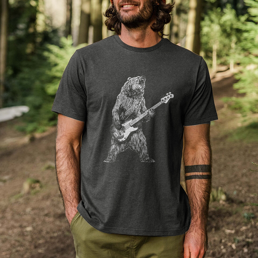 Bear Playing Bass Guitar Printed Men's T-shirt