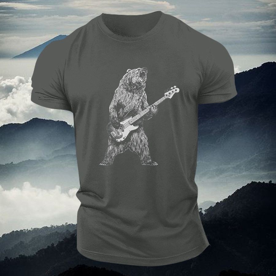Bear Playing Bass Guitar Printed Men's T-shirt