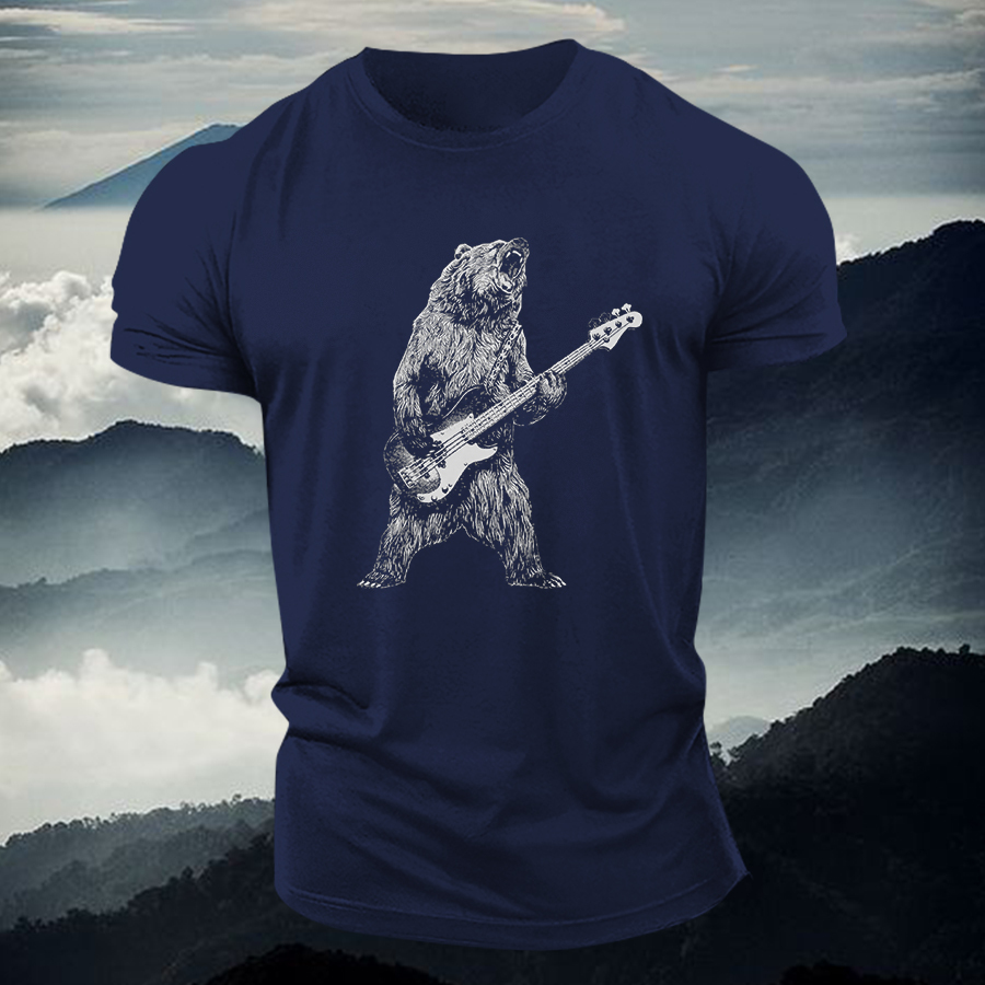 Bear Playing Bass Guitar Printed Men's T-shirt Image - 4