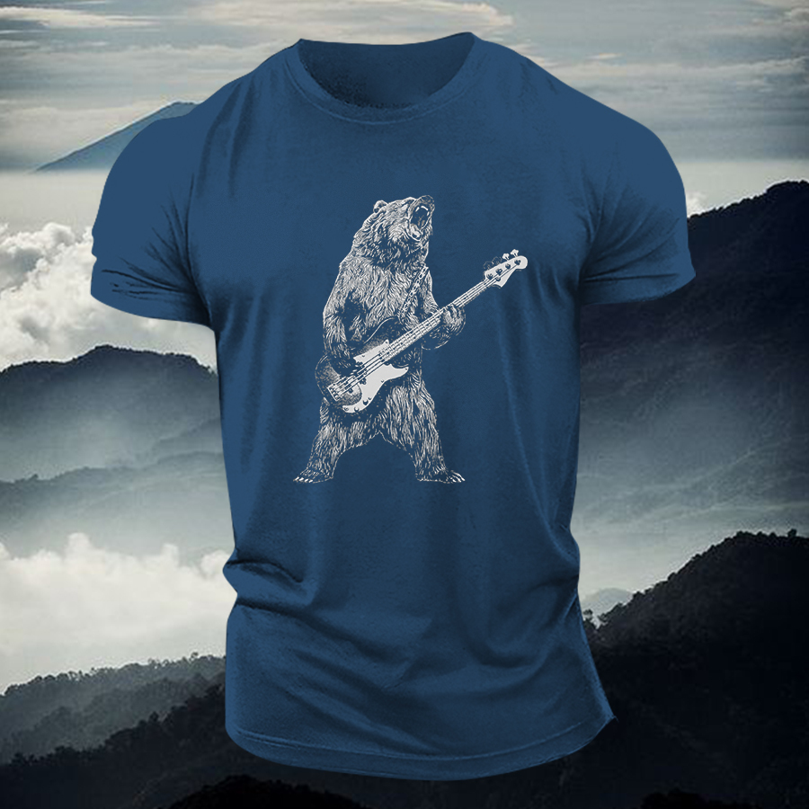 Bear Playing Bass Guitar Printed Men's T-shirt Image - 5