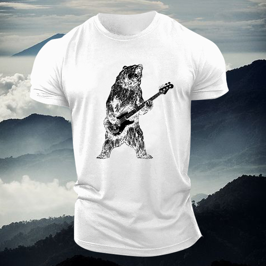 Bear Playing Bass Guitar Printed Men's T-shirt