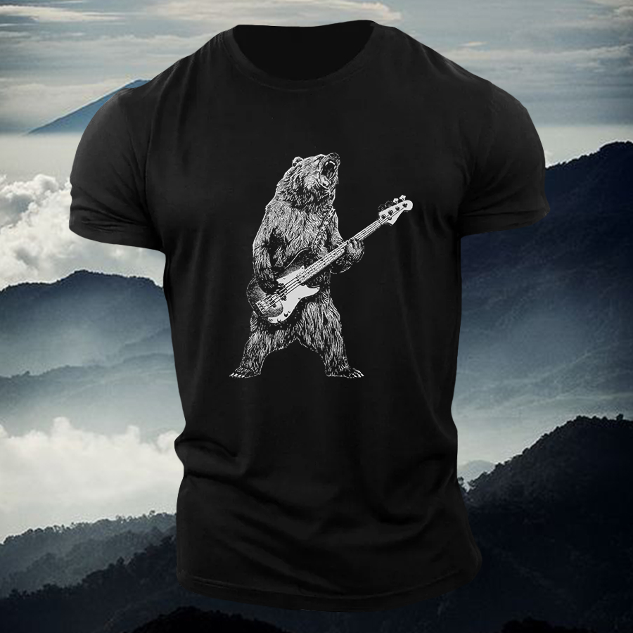 Bear Playing Bass Guitar Printed Men's T-shirt Image - 6