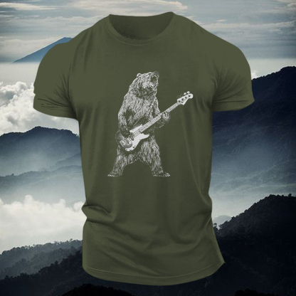 Bear Playing Bass Guitar Printed Men's T-shirt Image - 3
