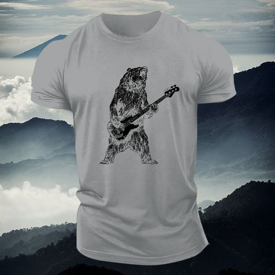 Bear Playing Bass Guitar Printed Men's T-shirt Image - 8
