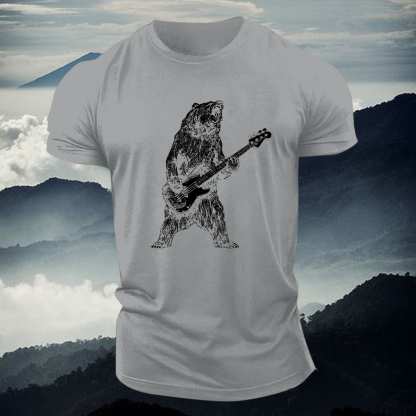 Bear Playing Bass Guitar Printed Men's T-shirt Image - 8