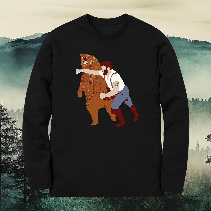 Man Punching Bear Printed Long Sleeves Men's T-shirt