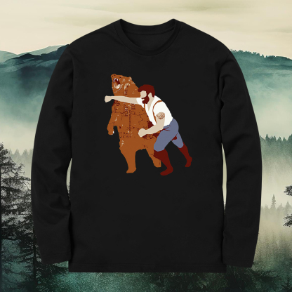 Man Punching Bear Printed Long Sleeves Men's T-shirt