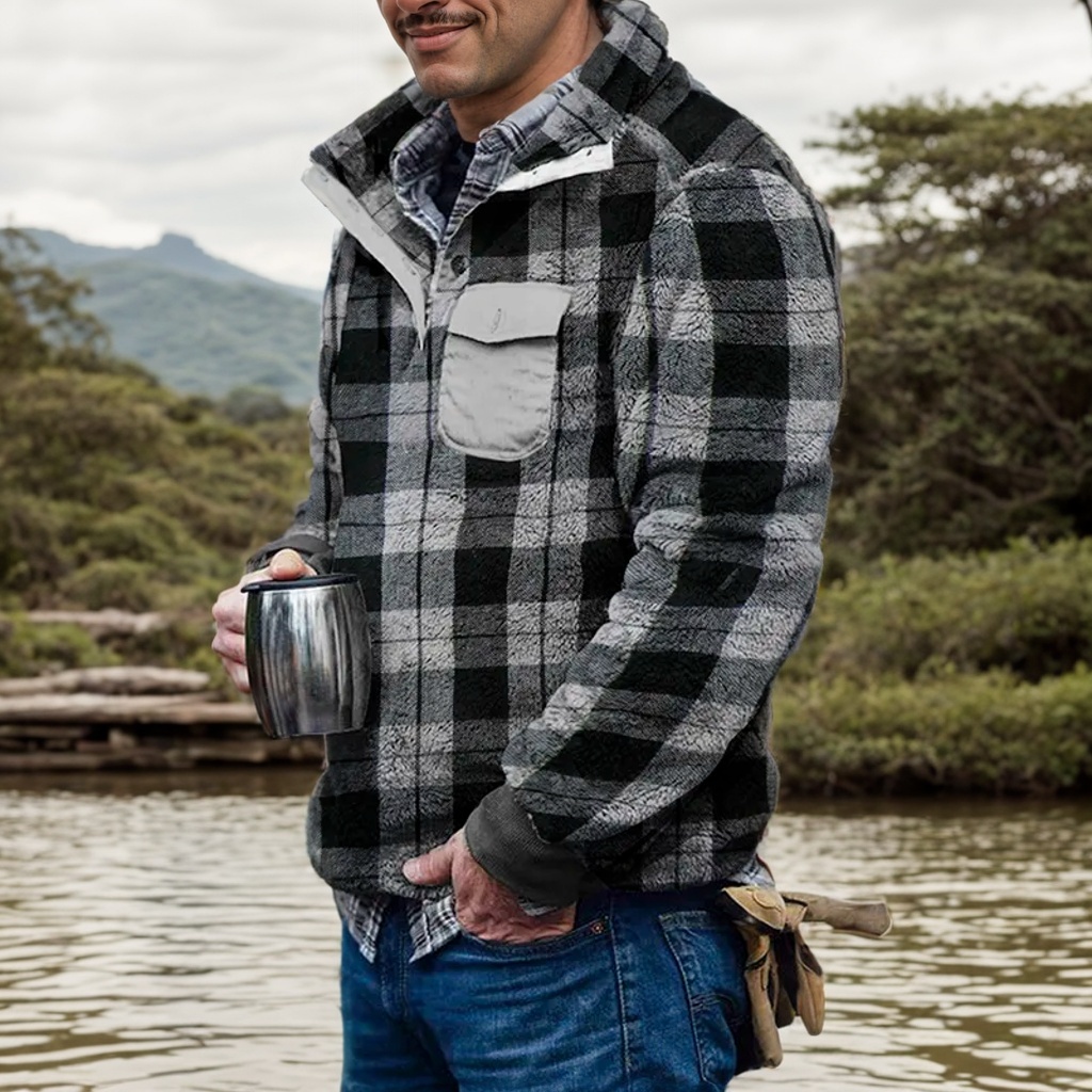 Black & Gray Plaid Winter Flannel Men's Pullover Jacket