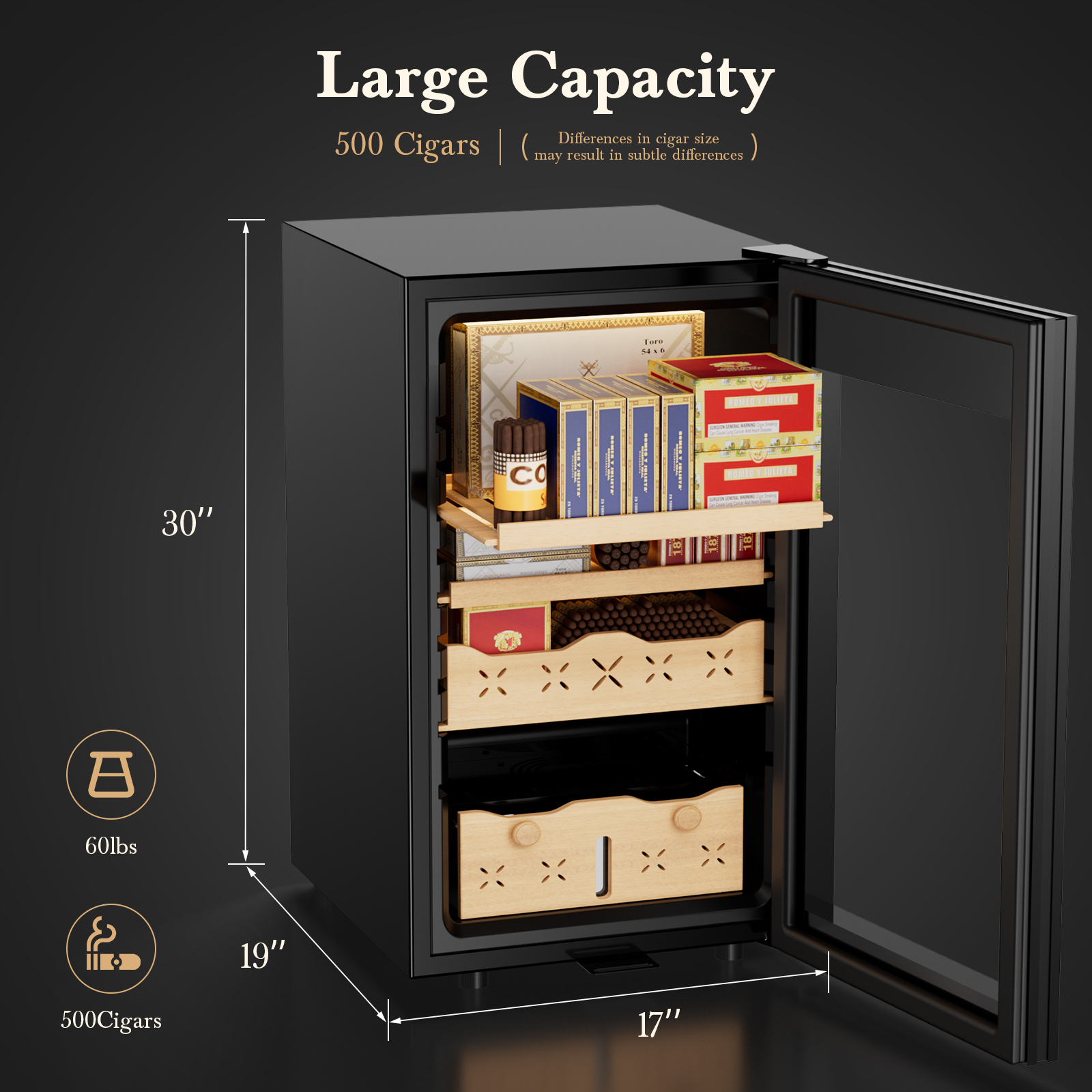 Mojgar cigar humidor with a large capacity to store up to 500 cigars. Features a 30" tall, 19" deep, and 17" wide design, weighing 60 lbs. Includes wooden shelves and compartments for organized storage, with a glass door for a sleek look.