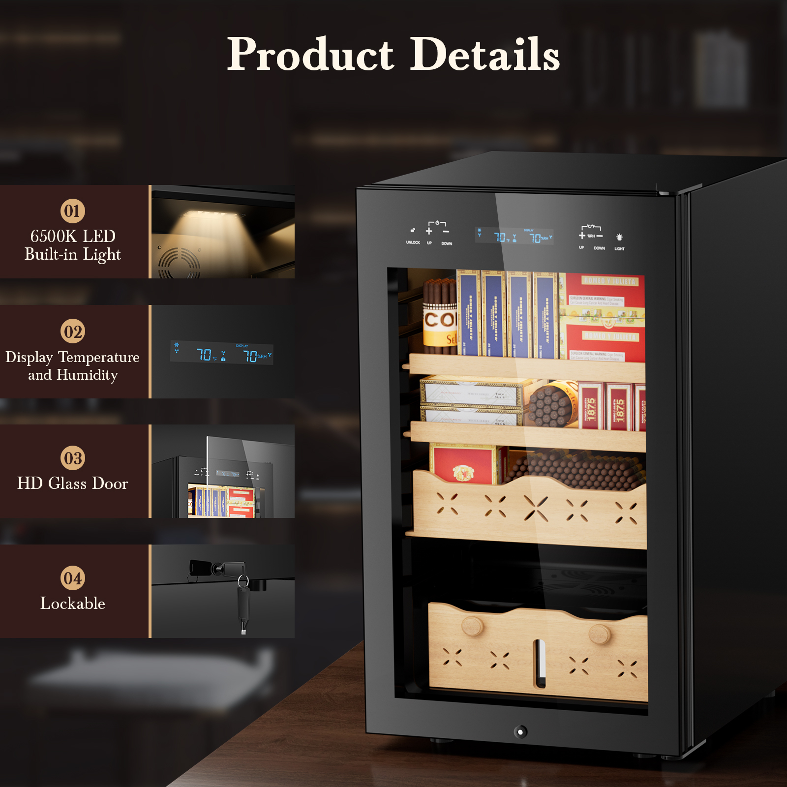 Mojgar cigar humidor product details, featuring a 6500K LED built-in light, temperature and humidity display, HD glass door for visibility, and a lockable design for security. Wooden drawers provide organized storage for cigars, ensuring optimal preservation.