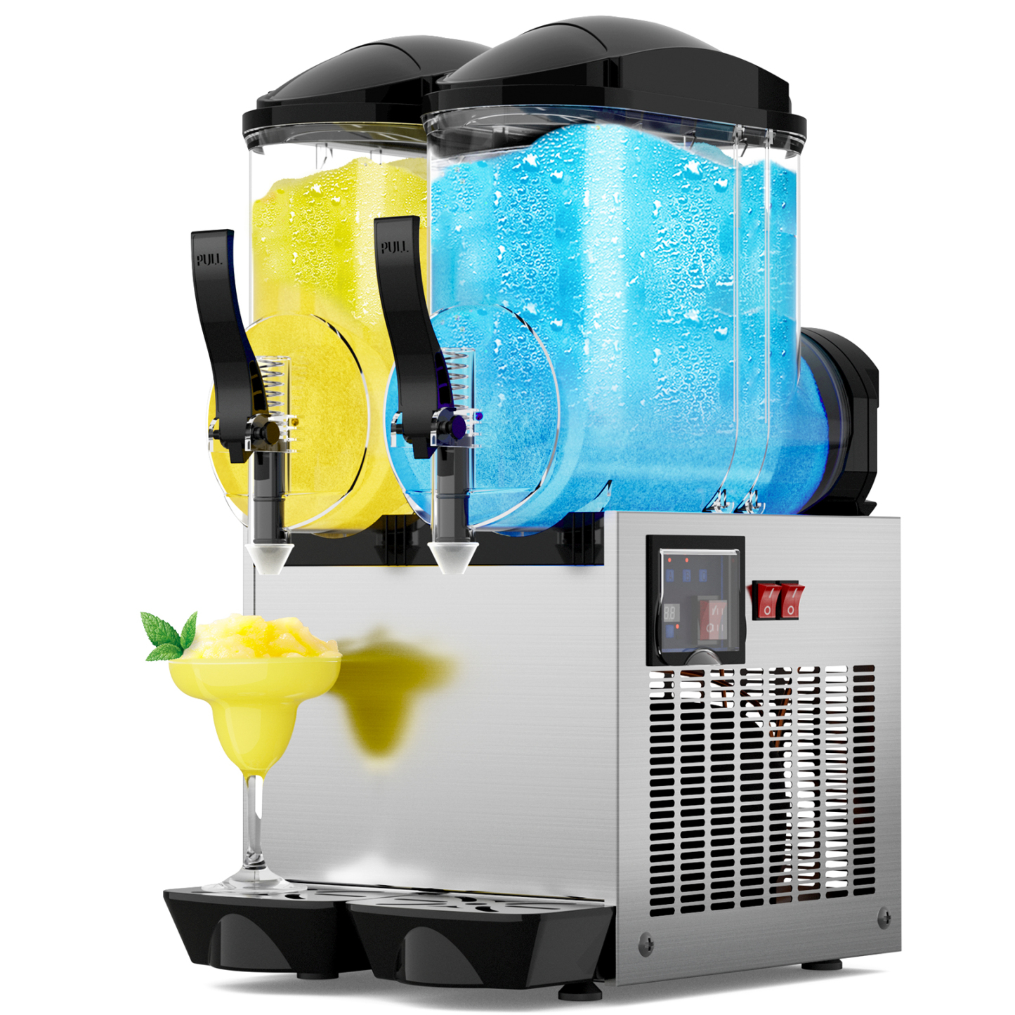 Mojgar 24L Commercial Slushy Machine with two tanks. Features easy-pull dispensers, a sleek stainless steel body, and a user-friendly control panel for efficient operation.