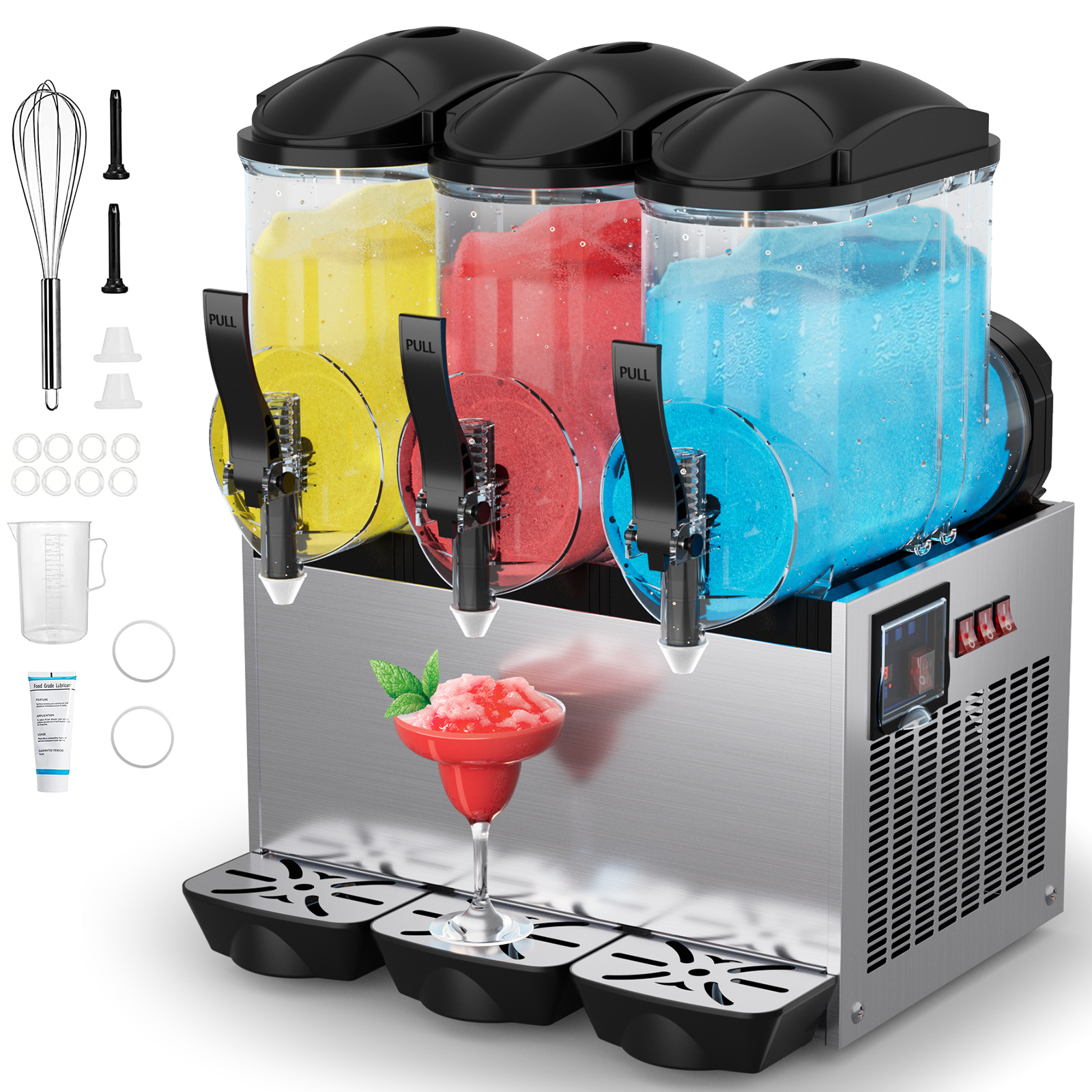 Mojgar 45L Commercial Slushie Machine with three tanks, dispensers, and accessories. Includes whisk, measuring cup, and O-rings. Ideal for businesses and home use.