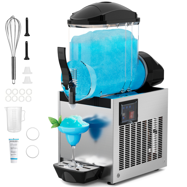 Mojgar 15L Commercial Margarita Slushy Machine, featuring easy-pull dispenser, sleek stainless steel body, and user-friendly control panel. Includes accessories like a whisk and measuring cup.