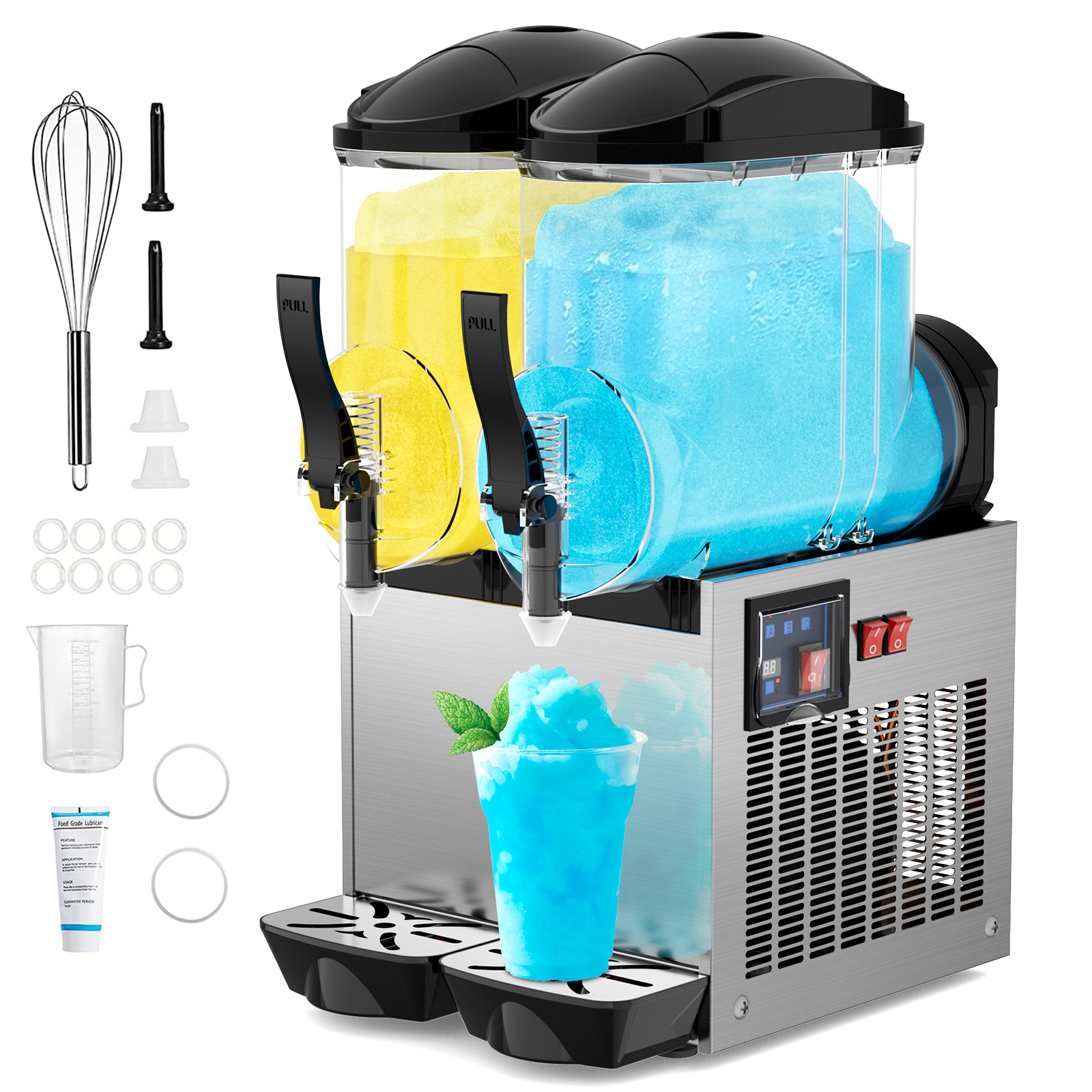 Mojgar 24L Commercial Slushy Machine with two tanks. Includes accessories like a whisk, measuring cup, O-rings, and cleaning tube. Features easy-pull dispensers and a stainless steel body.