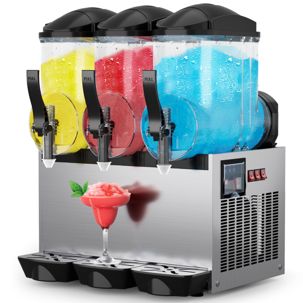 Mojgar 45L Commercial Slushie Machine with three tanks . Equipped with easy-pull dispensers, ideal for businesses and home use. Durable stainless steel construction.