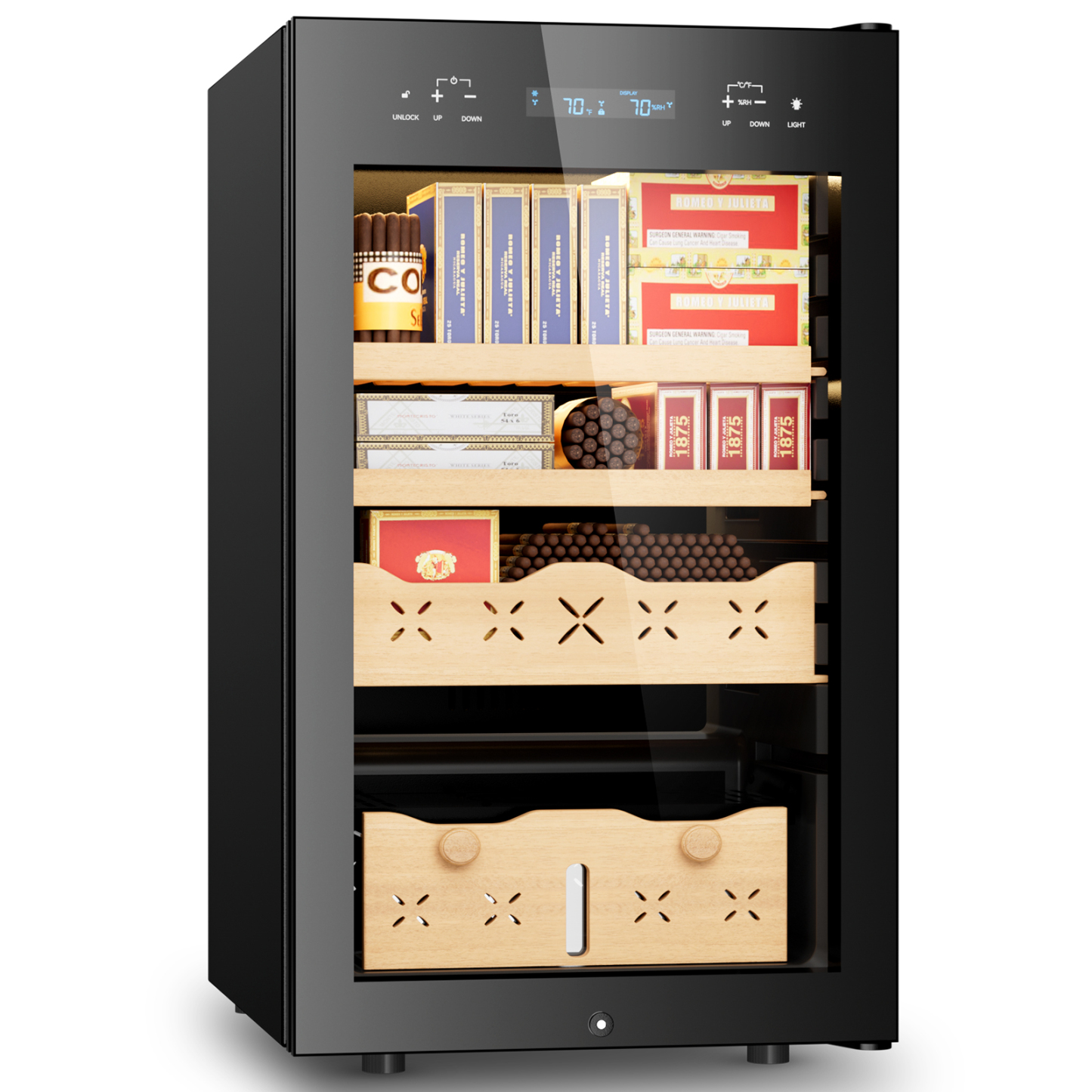 Mojgar 65L electric cigar humidor with a sleek black design, glass door, and wooden shelves. Interior displays organized cigar boxes and rolls, with digital controls for temperature and humidity on the top panel, ensuring optimal cigar storage conditions.