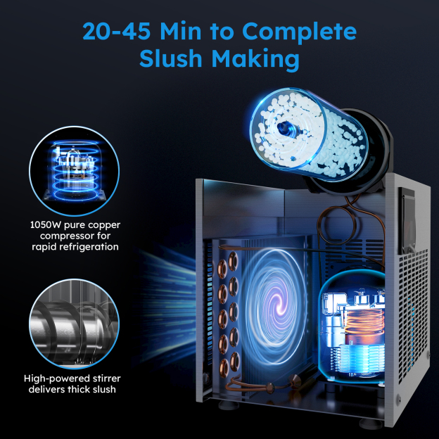 Mojgar 15L Commercial Margarita Slushy Machine features a 1050W pure copper compressor for rapid refrigeration and a high-powered stirrer for thick slush, completing the slush-making process in 20-45 minutes.