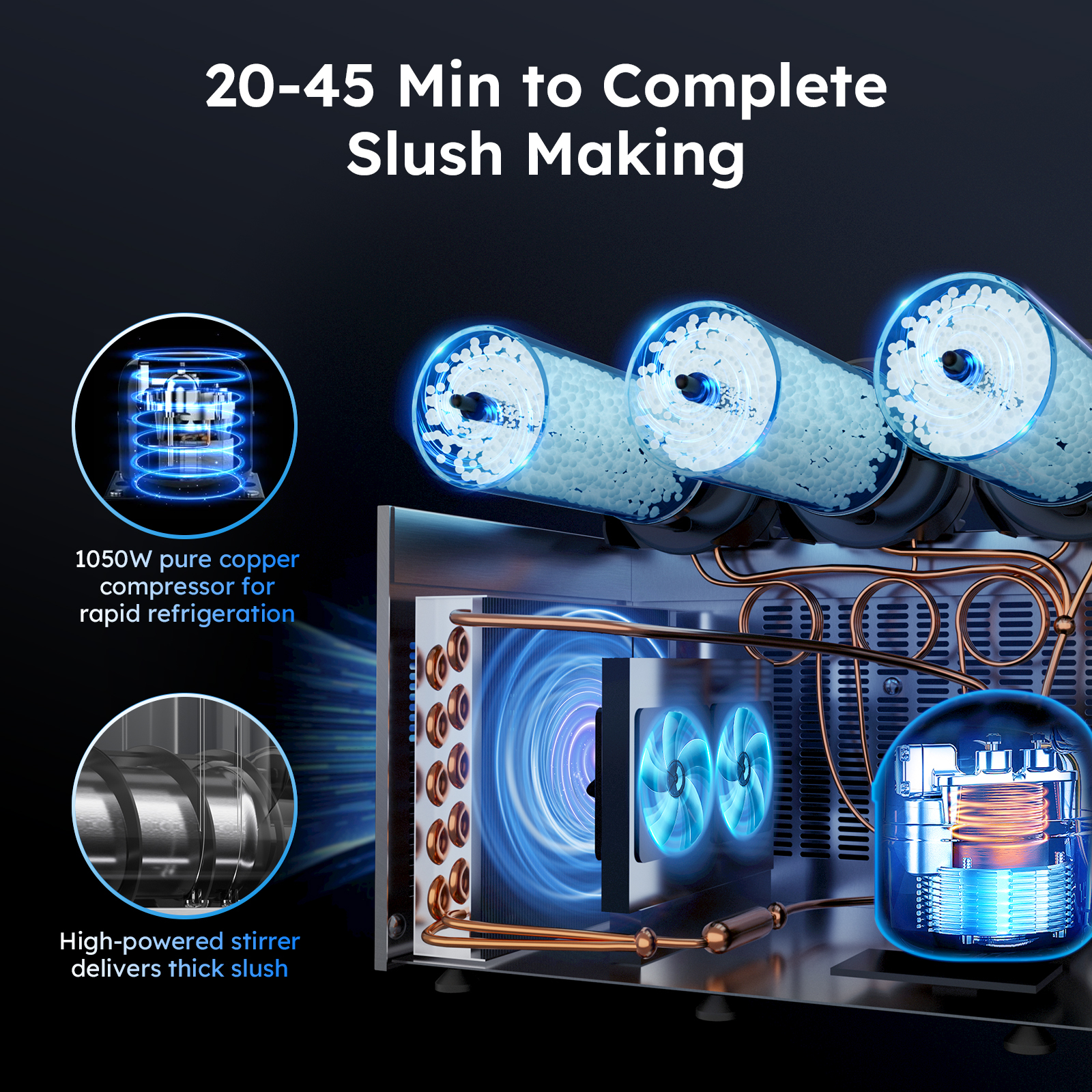 Mojgar 45L Commercial Slushie Machine with 1050W pure copper compressor for rapid refrigeration and high-powered stirrer for thick slush. Produces slush in 20-45 minutes for fast results.