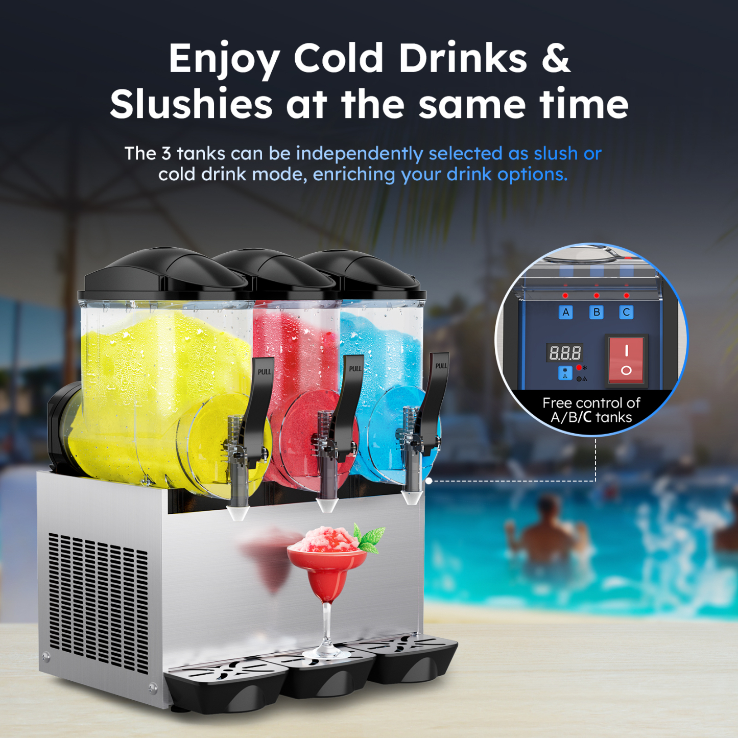 Mojgar 45L Commercial Slushie Machine with three tanks. Independent control for slush or cold drink modes, offering versatile drink options. Ideal for home and business use.