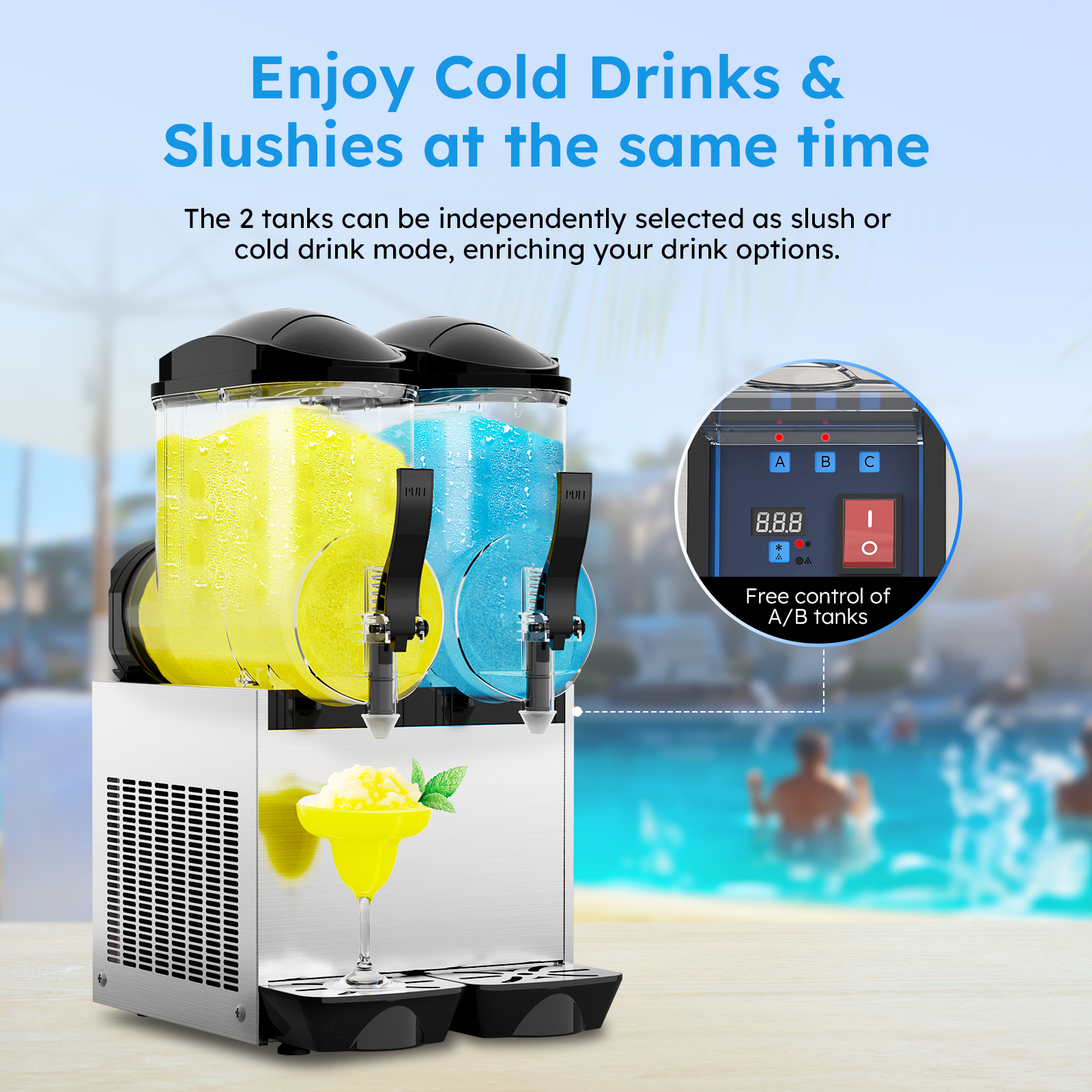 Mojgar 24L Commercial Slushy Machine with two tanks. Features independent control for slush or cold drink modes and an easy-to-use control panel. Ideal for parties and businesses.