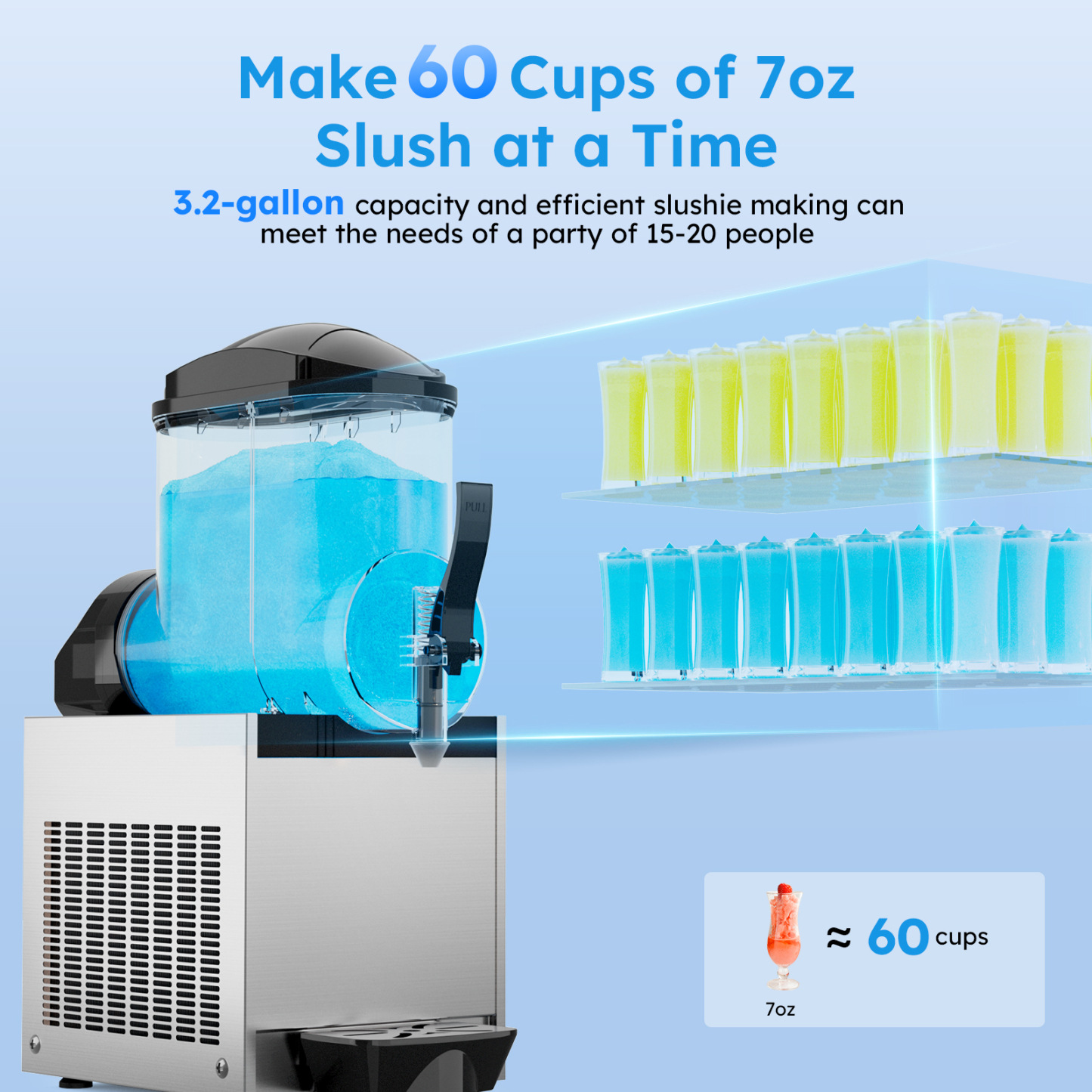 Mojgar 15L Commercial Slushy Machine with 3.2-gallon capacity, making 60 cups of 7oz slush at a time. Ideal for parties of 15-20 people, with blue and yellow slush tanks for variety.