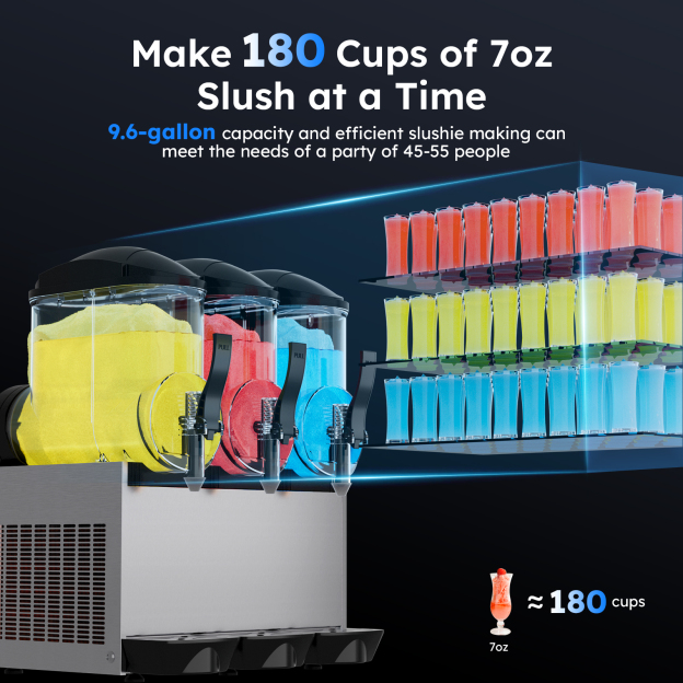 Mojgar 45L Commercial Slushie Machine with 9.6-gallon capacity, making 180 cups of 7oz slush at a time. Perfect for parties of 45-55 people.