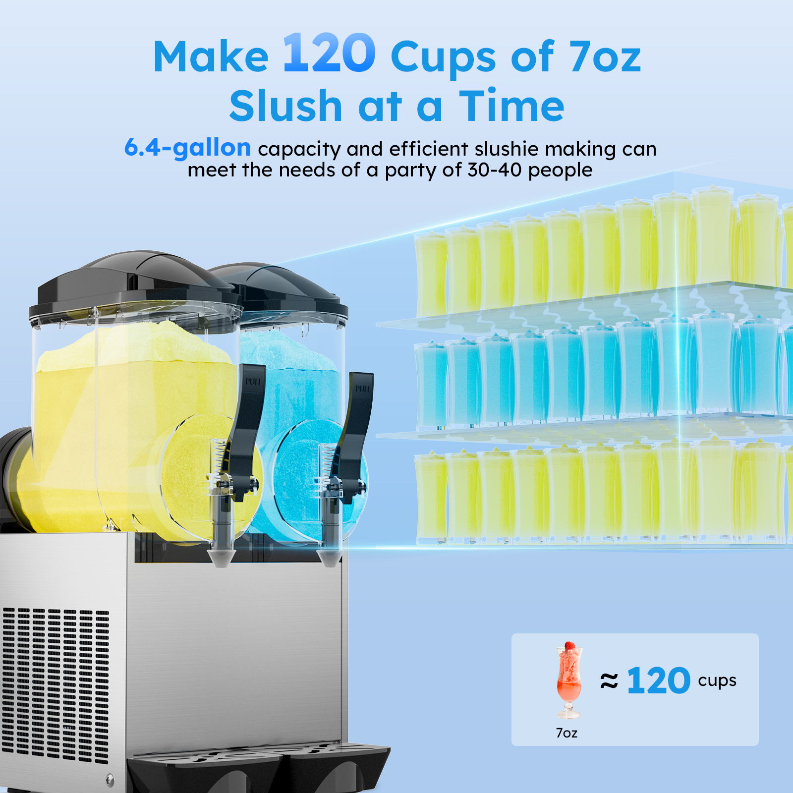 Mojgar 24L Commercial Slushy Machine with 6.4-gallon capacity, making 120 cups of 7oz slush at a time. Perfect for parties of 30-40 people, with yellow and blue slush tanks for variety.