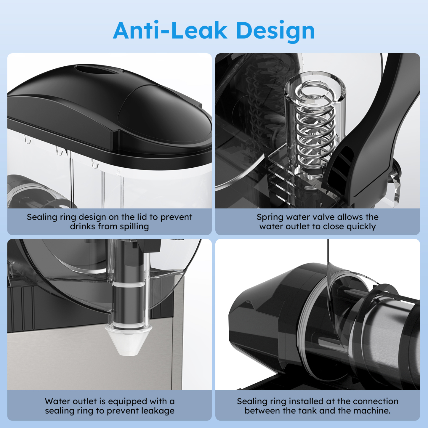 Mojgar 15L Commercial Slushy Machine features an anti-leak design with sealing rings on the lid, water outlet, and tank connection to prevent spills and leakage, ensuring clean and efficient operation.