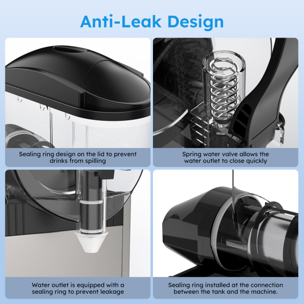 Mojgar 15L Commercial Slushy Machine features an anti-leak design with sealing rings on the lid, water outlet, and tank connection to prevent spills and leakage, ensuring clean and efficient operation.