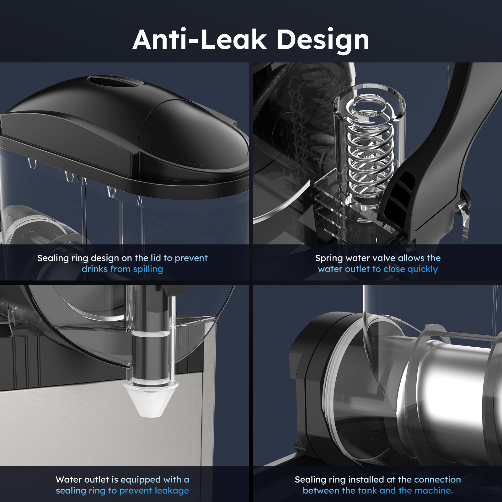Mojgar 45L Commercial Slushie Machine features an anti-leak design with sealing rings on the lid, water outlet, and tank connection to prevent spills and leakage. Includes spring water valve for quick closure.