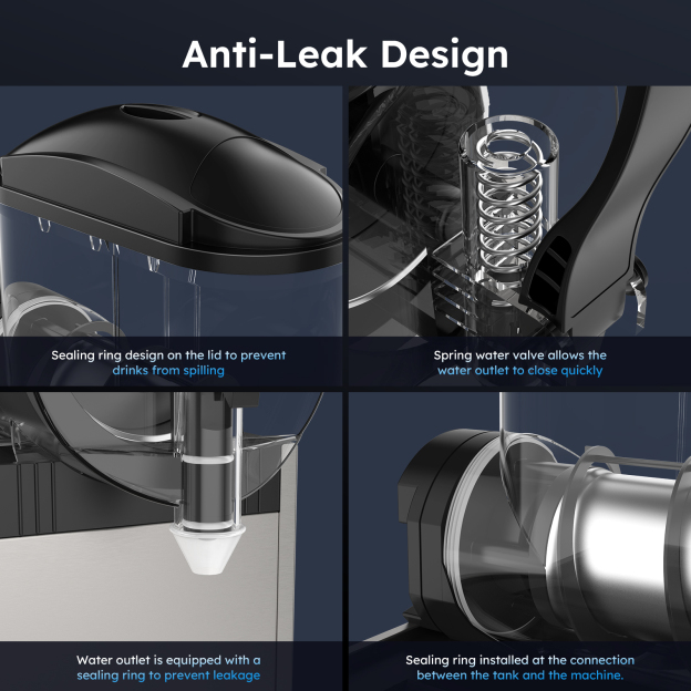 Mojgar 45L Commercial Slushie Machine features an anti-leak design with sealing rings on the lid, water outlet, and tank connection to prevent spills and leakage. Includes spring water valve for quick closure.