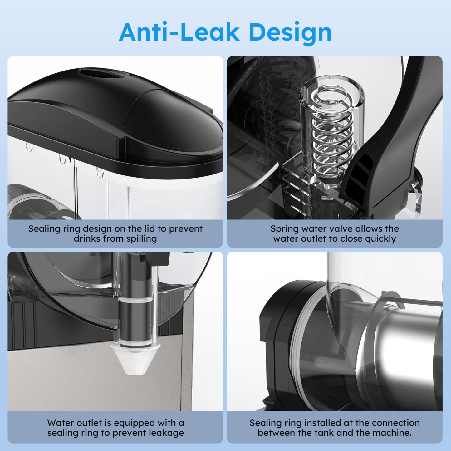 Mojgar 24L Commercial Slushy Machine features an anti-leak design with sealing rings on the lid, water outlet, and tank connection to prevent spills and leakage, ensuring clean and efficient operation.