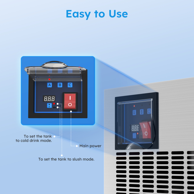 Mojgar 15L Commercial Slushy Machine control panel with A/B buttons to select slush or cold drink mode for each tank. Includes main power switch and clear labeling for easy use.