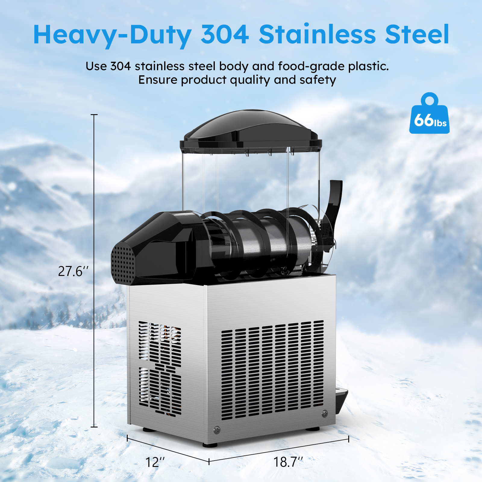 Mojgar 15L Commercial Margarita Slushy Machine with heavy-duty 304 stainless steel body and food-grade plastic. Dimensions: 27.6" x 12" x 18.7", weighing 66 lbs. Built for durability and safety.
