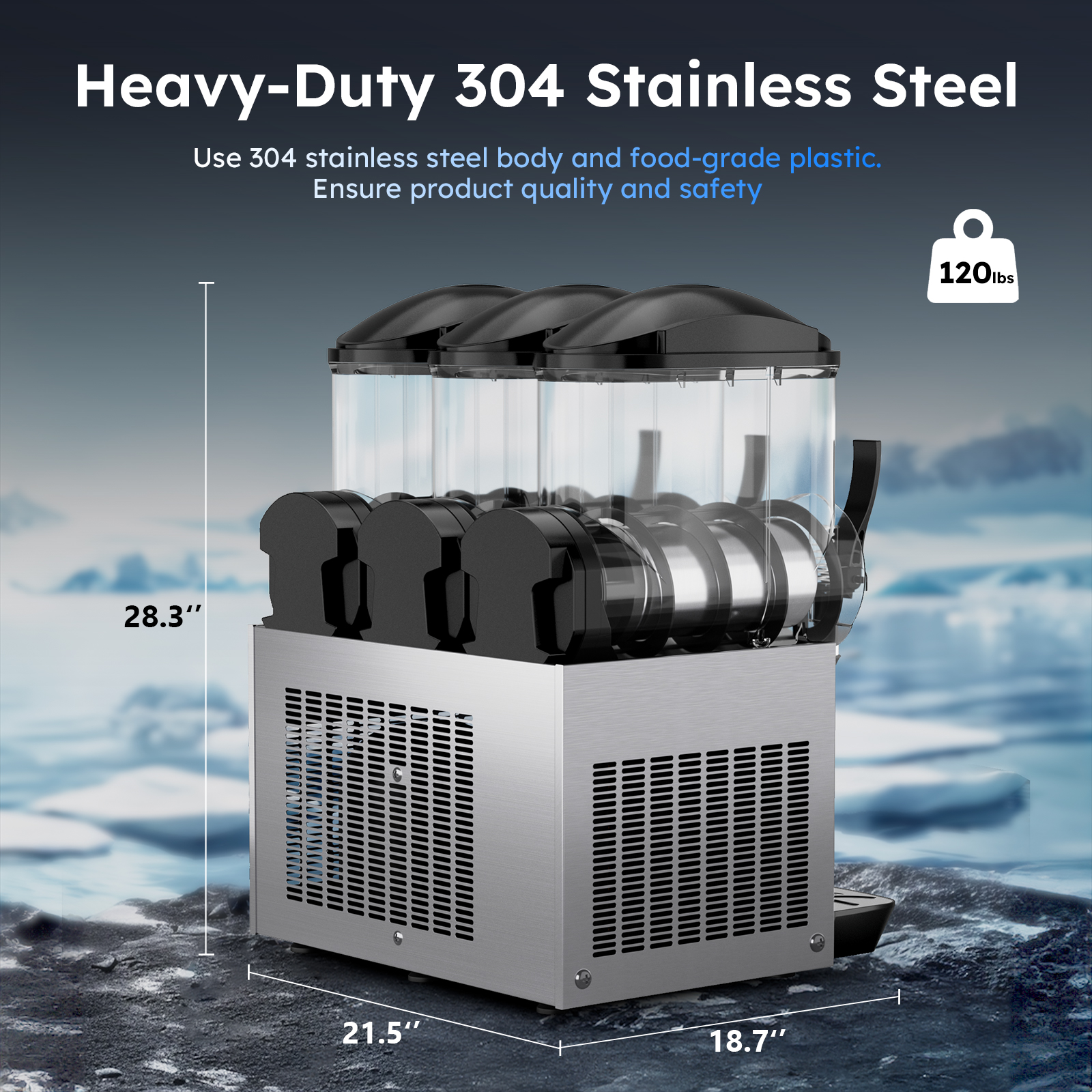 Mojgar 45L Commercial Slushie Machine made with heavy-duty 304 stainless steel and food-grade plastic. Dimensions: 28.3” x 21.5” x 18.7”, weight: 120 lbs. Ensures durability, quality, and safety.