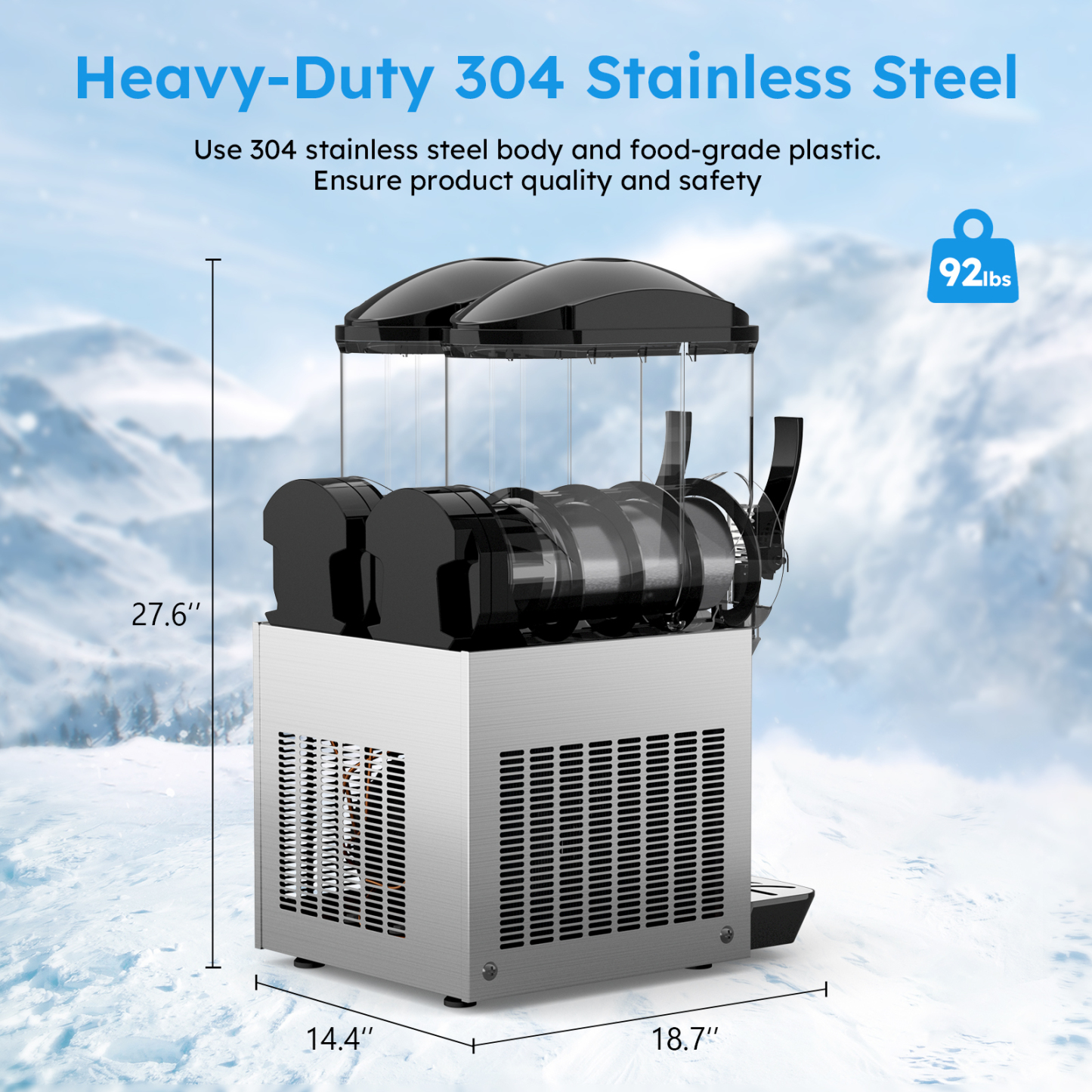 Heavy-duty 304 stainless steel beverage dispenser with a 304 stainless steel body and food-grade plastic, ensuring product quality and safety. Product dimensions are 27.6 inches in height, 14.4 inches in width, and 18.7 inches in depth, with a weight of 92 lbs.