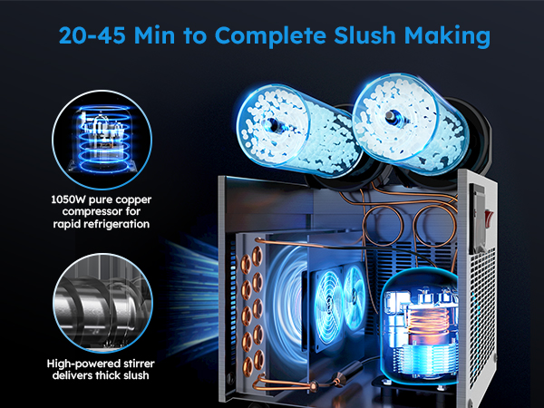 Mojgar slush machine completes slush making in 20-45 minutes with a 1050W pure copper compressor for fast refrigeration and a high-powered stirrer for thick, smooth slush. Efficient design ideal for quick, high-quality frozen drinks.