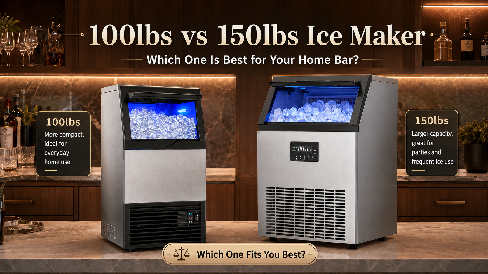 Mojgar 100 lb vs 150 lb commercial ice makers in a home bar setting, comparing compact everyday use and larger capacity for parties