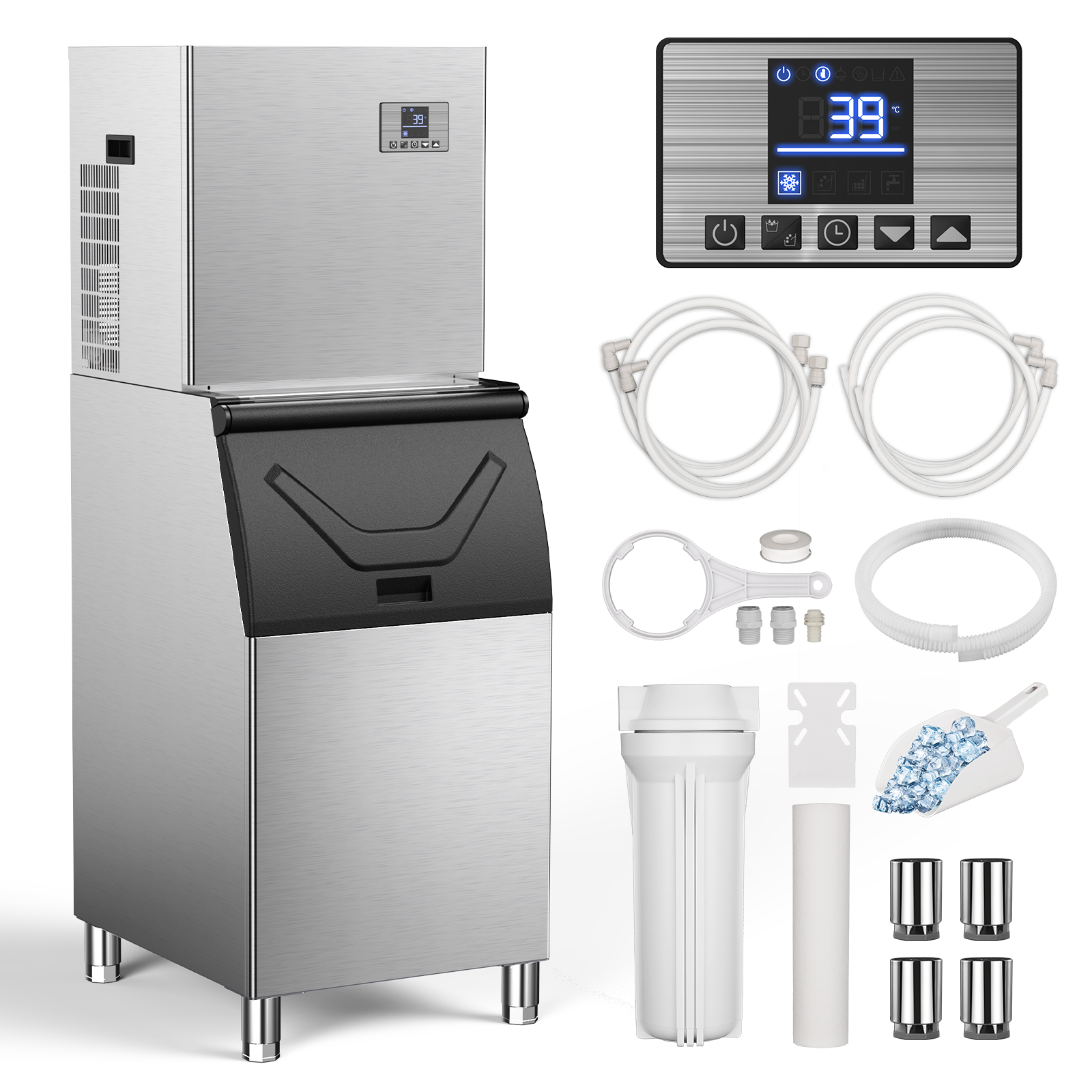 Stainless steel Mojgar 550LBS Commercial Ice Maker with LCD control panel, water pipes, filter cartridge, scooper, and accessories for efficient ice production and storage.