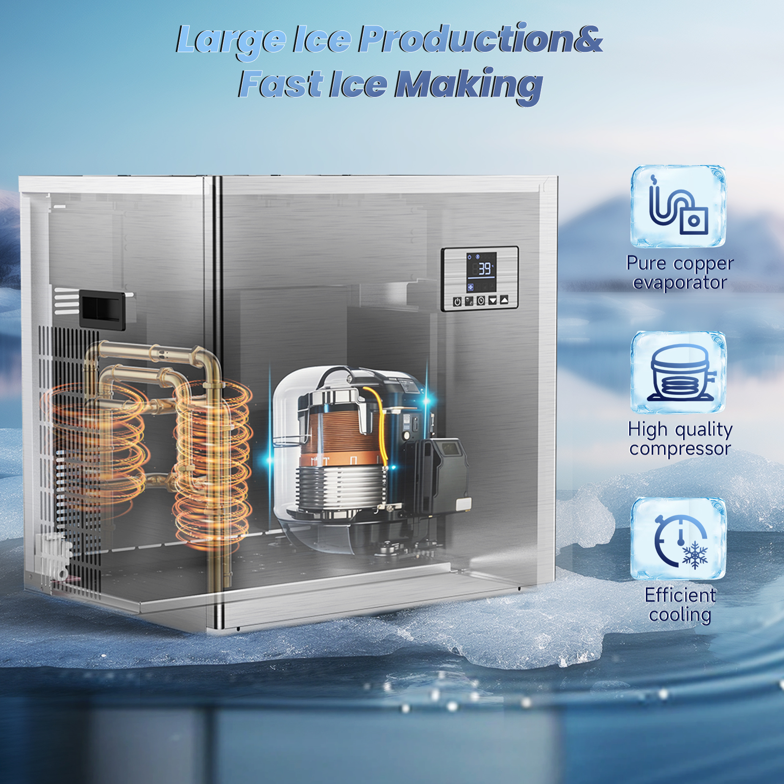 Transparent view of the Mojgar 550LBS Commercial Ice Maker showcasing the pure copper evaporator, high-quality compressor, efficient cooling system, and LCD panel for large and fast ice production.